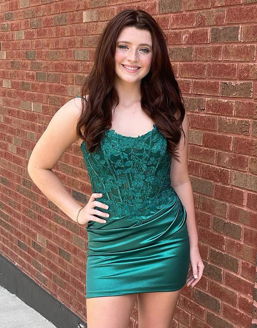 Bodycon Double Straps Satin Homecoming Dress With Appliques - Fashionpara