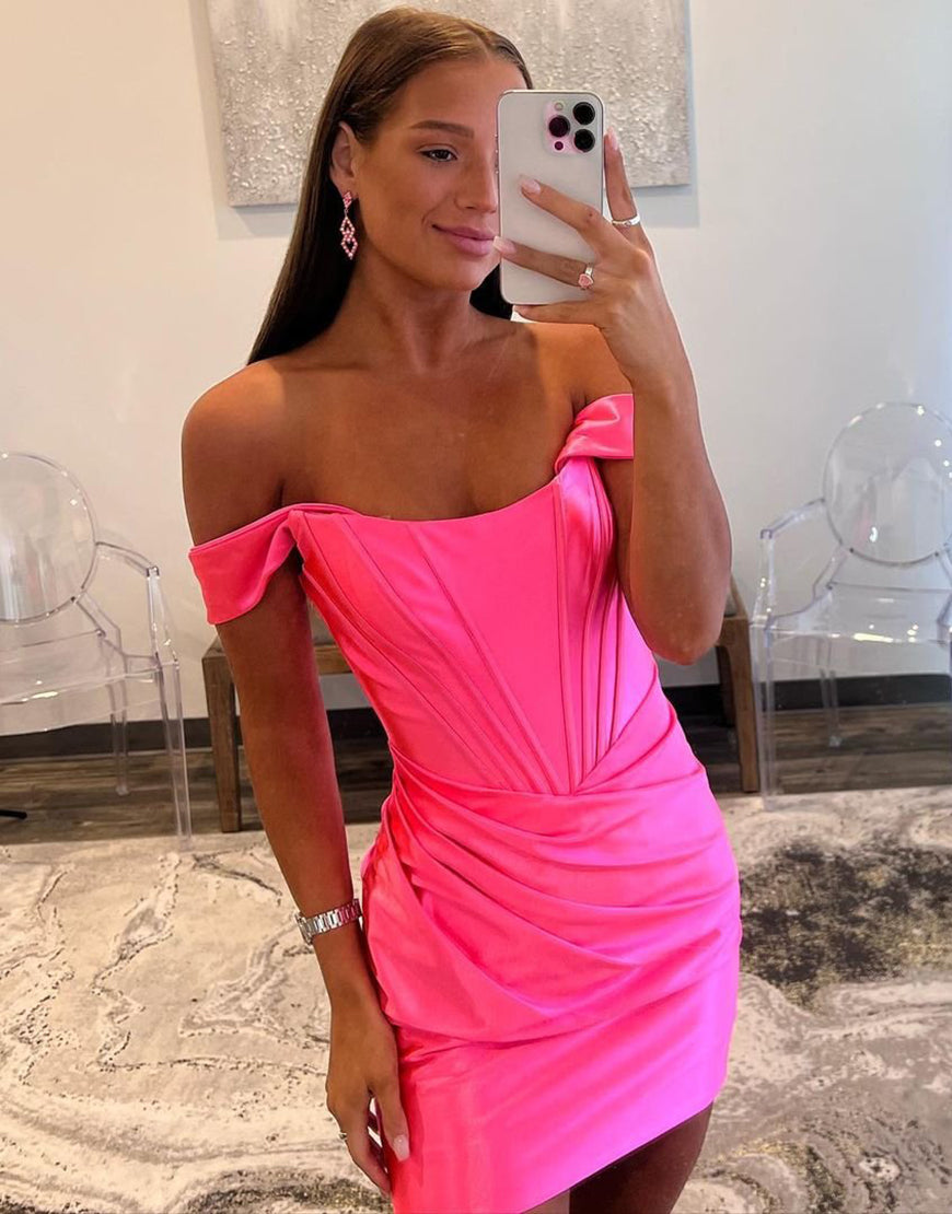 Bodycon Off The Shoulder Satin Homecoming Dress With Pleating - Fashionpara