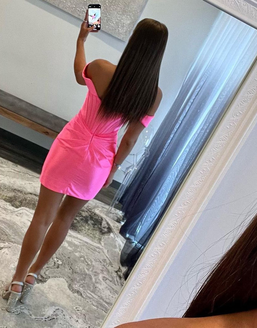Bodycon Off The Shoulder Short Satin Homecoming Dress With Pleating - Fashionpara