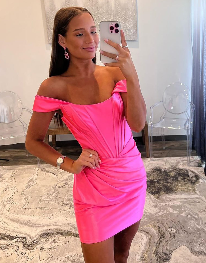 Bodycon Off The Shoulder Satin Homecoming Dress With Pleating - Fashionpara