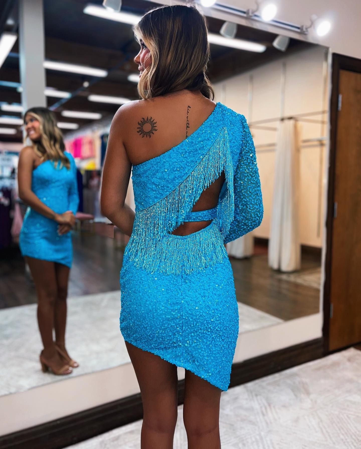 Bodycon One Shoulder Back Party Dress with Fringe - Fashionpara