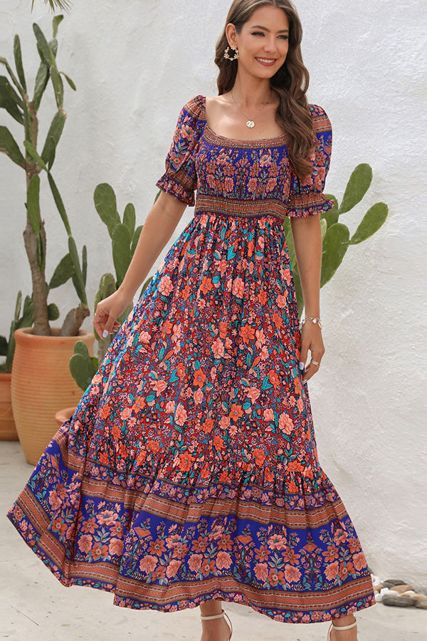 Bohemia Printed Smocked Short Sleeve Maxi Dress - Fashionpara
