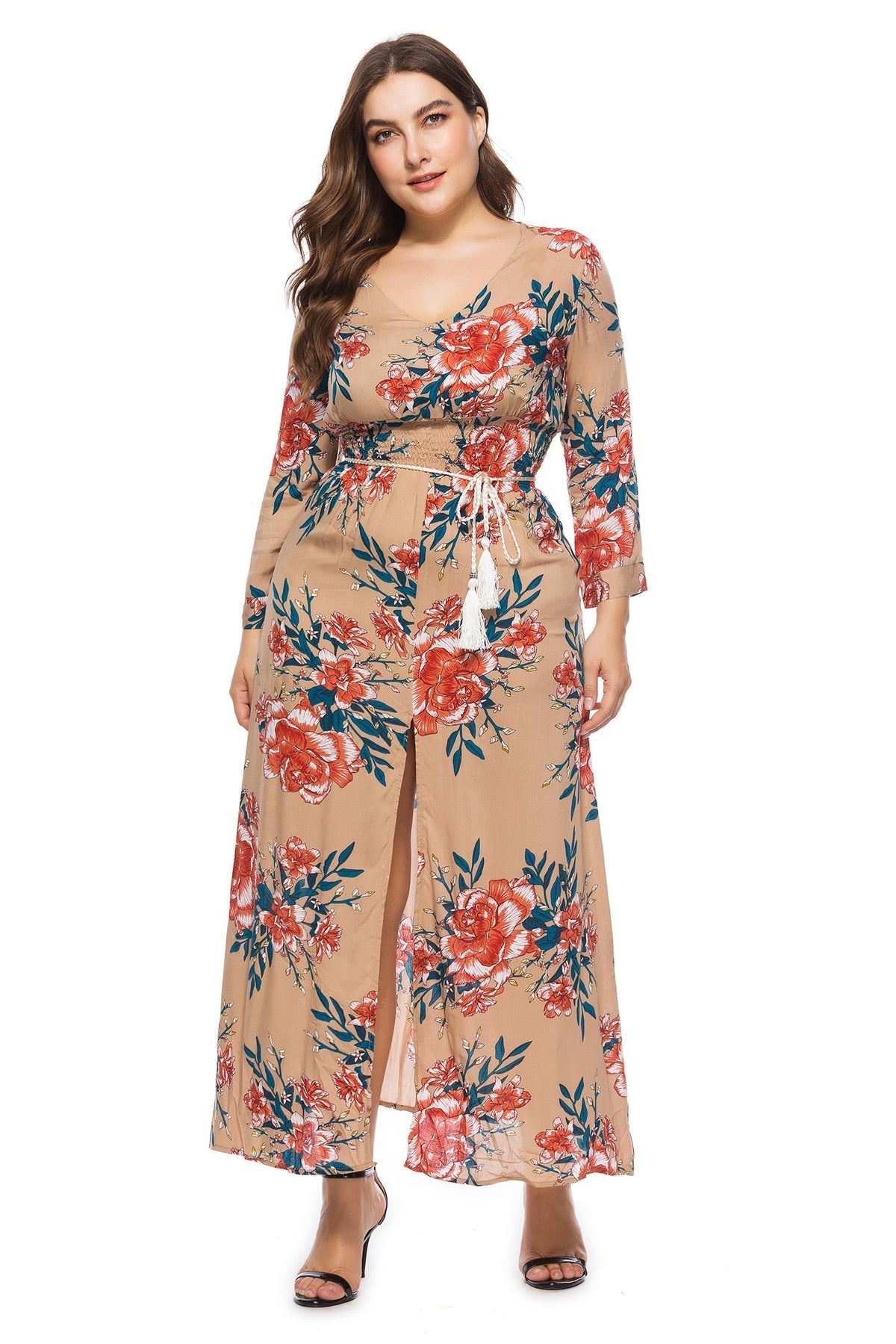 Floral Print V-Neck Smocked Waist Front Slit Maxi Dress
