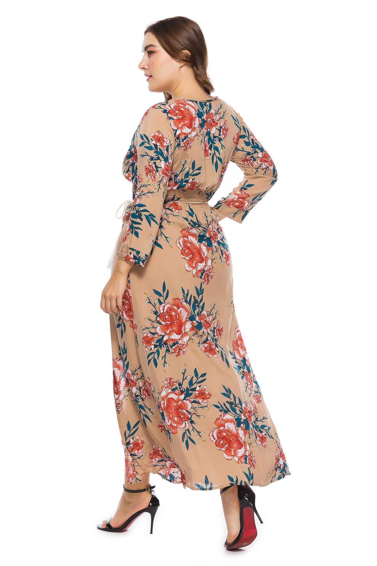Floral Print V-Neck Long Sleeve Slit Maxi Dress