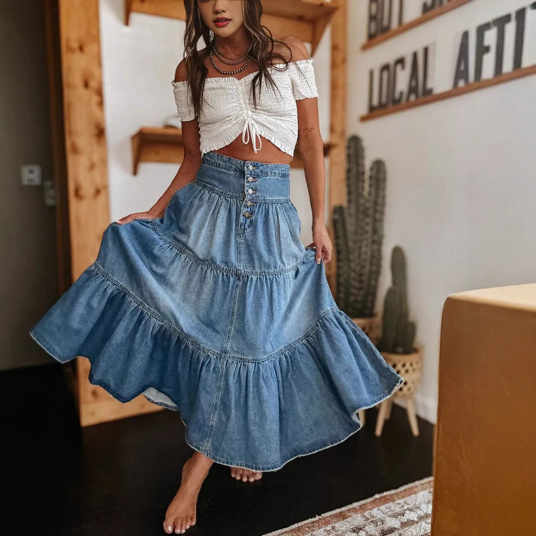 Bohemian Tiered Denim Maxi Skirt