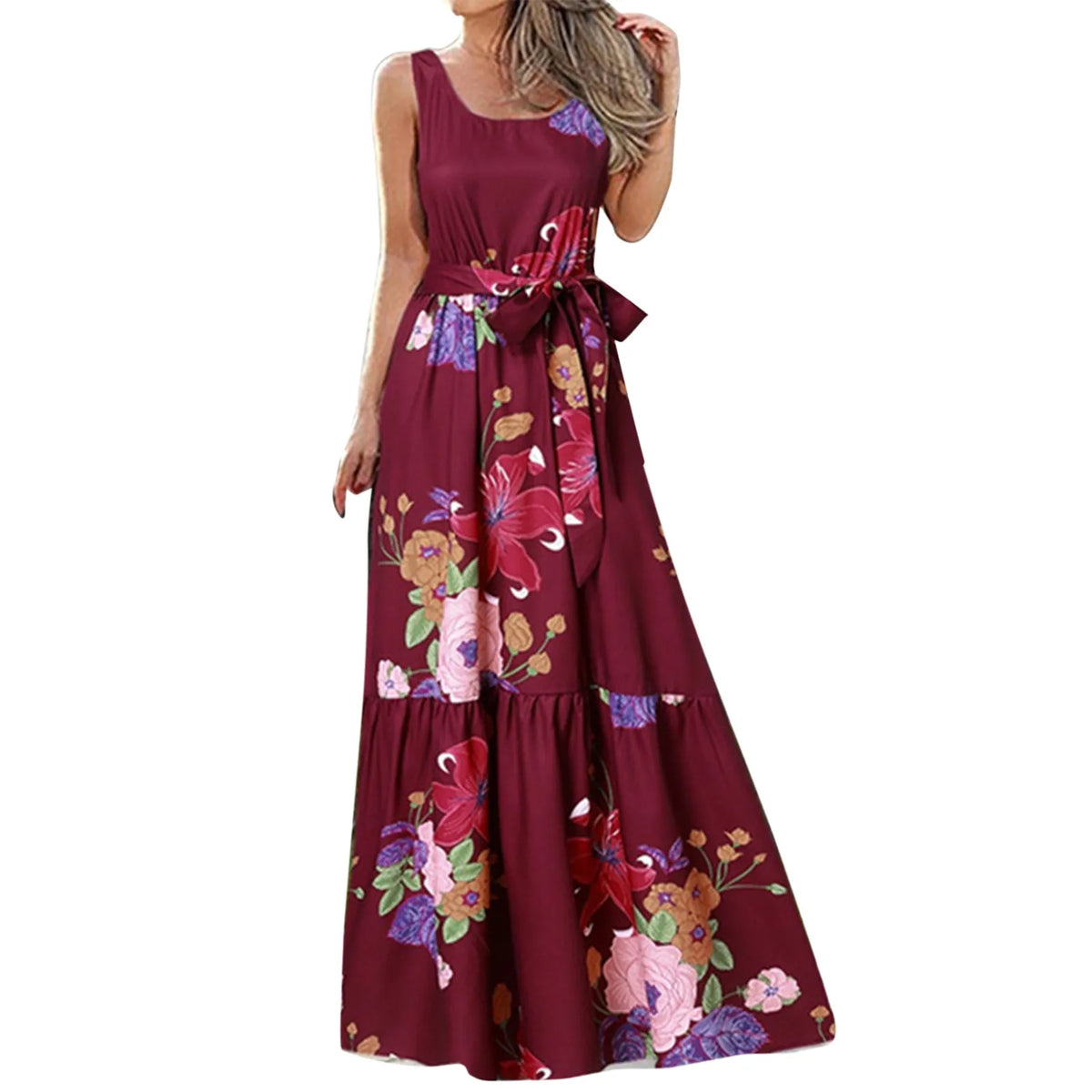 Bohemian Floral Long Summer Casual Maxi Sleeveless Lace Up Tank Vintage Party Robe Dress 3