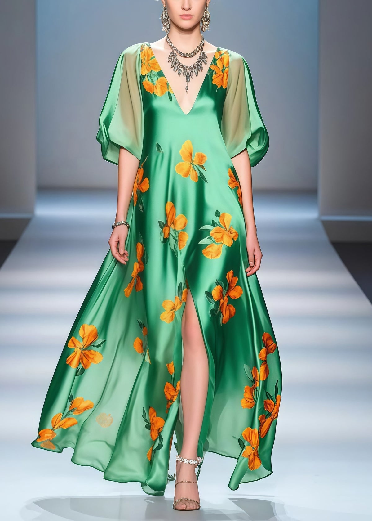 Floral Print Deep V-Neck Puff Sleeve High Split Maxi Party Dress - View 3