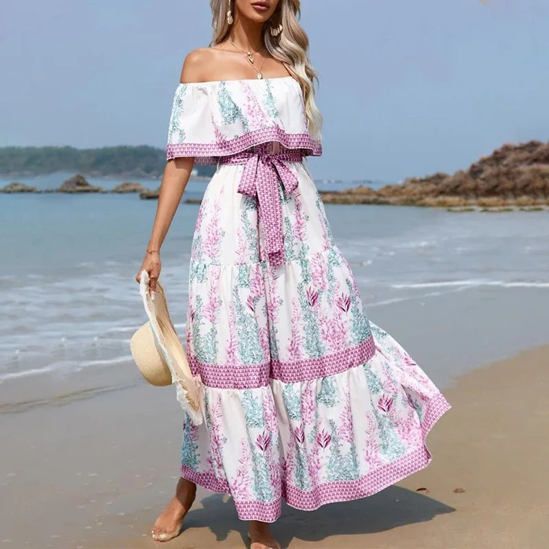 Boho Off-Shoulder Ruffle Floral Print Maxi Floral Dress