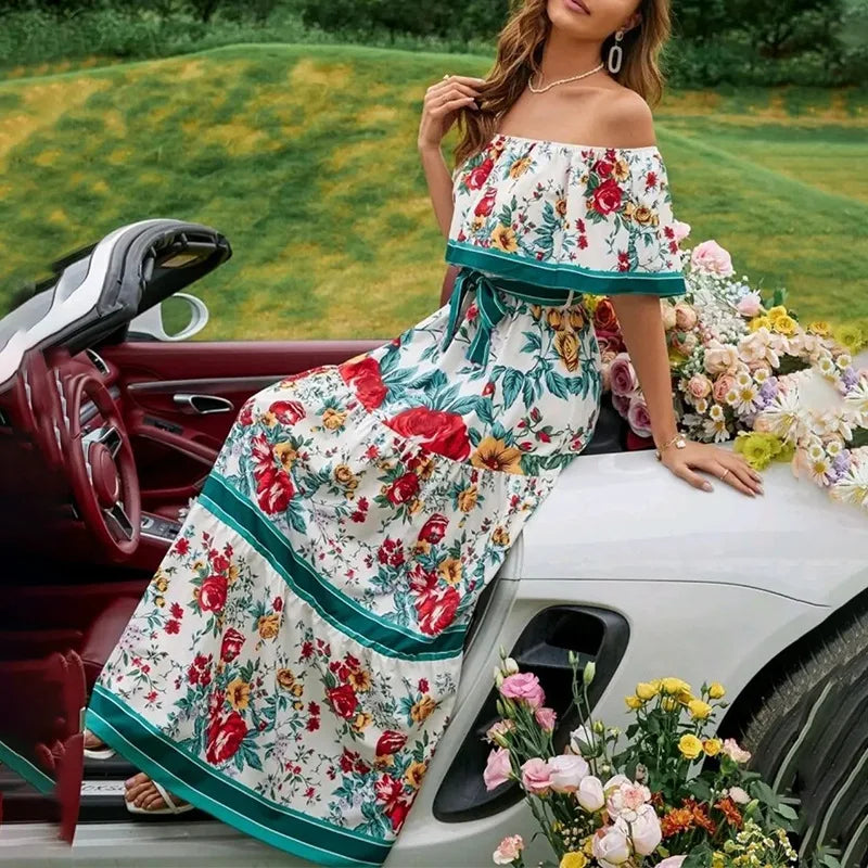 Boho Off-Shoulder Ruffle Floral Print Maxi Floral Dress