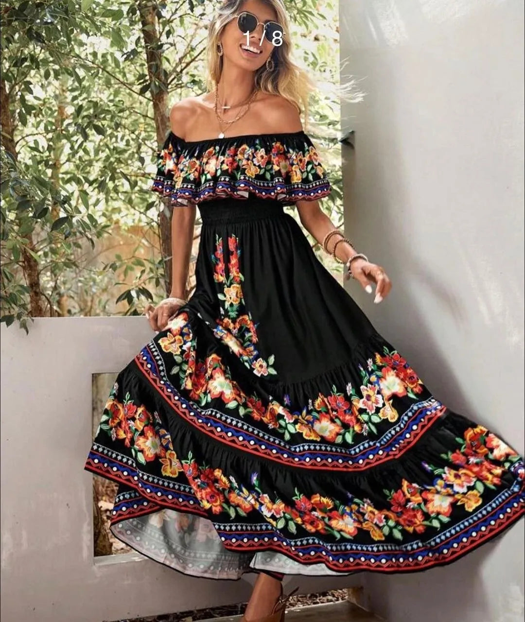 Boho Off-Shoulder Ruffle Floral Print Maxi Floral Dress