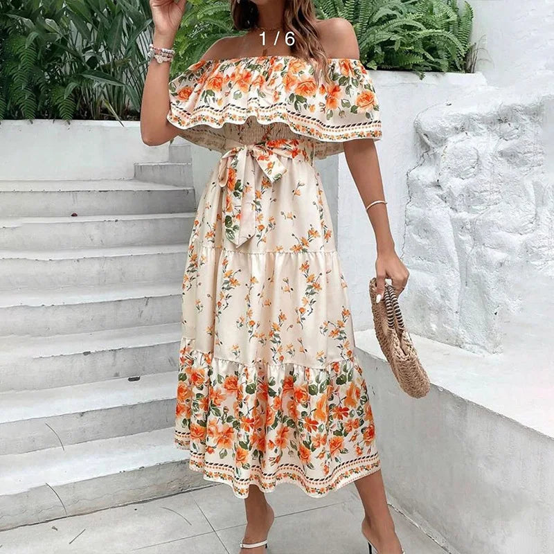 Boho Off-Shoulder Ruffle Floral Print Maxi Floral Dress