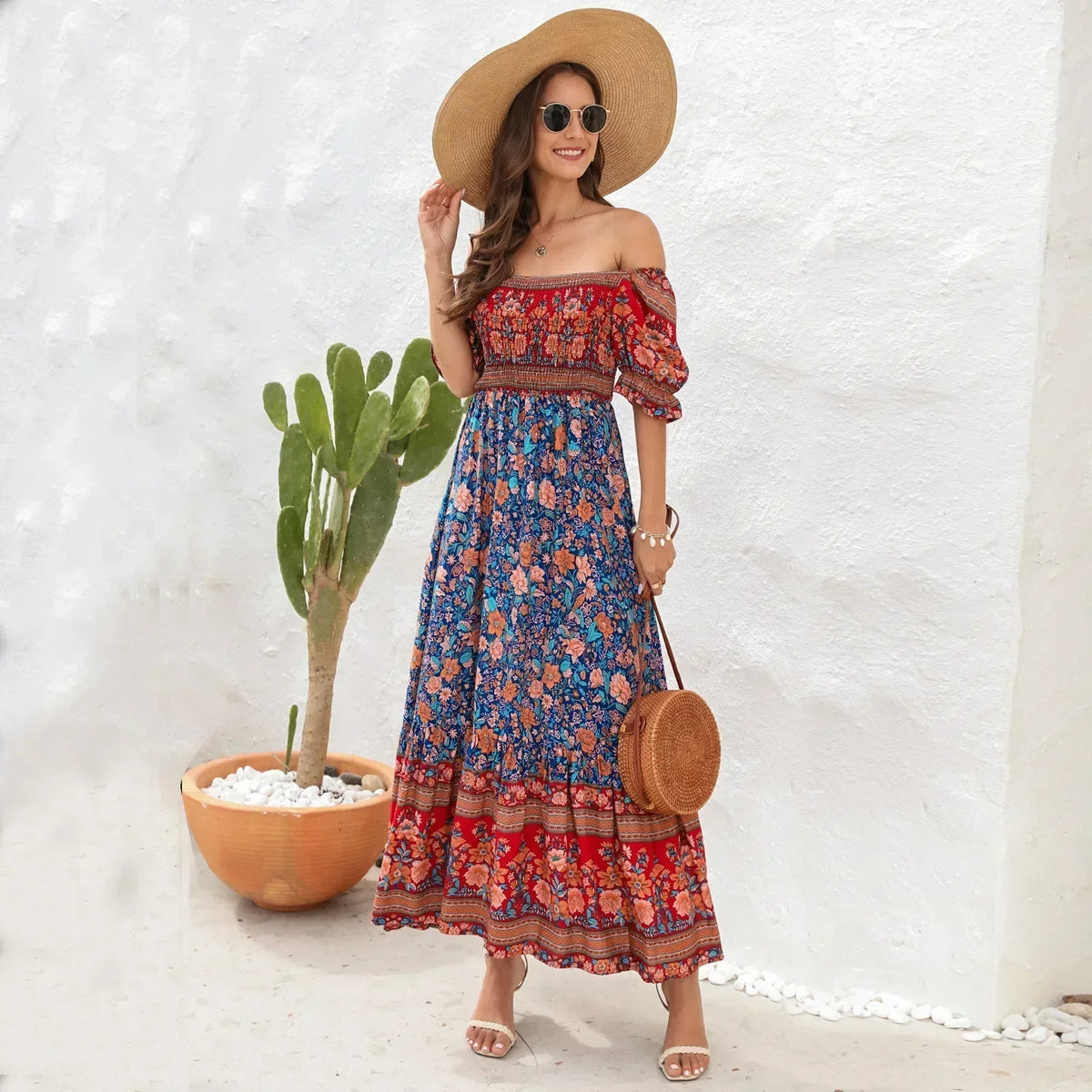 Floral Print Off Shoulder Tiered Maxi Dress