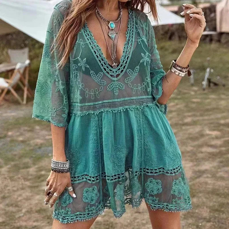 Lace Deep V-neck Floral Embroidery Boho Cover up