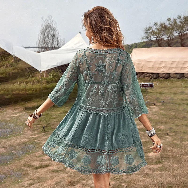 Lace Deep V-neck Floral Embroidery Boho Cover up