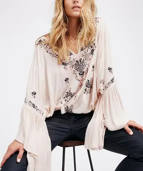 Floral Embroidered Flare Sleeve V-Neck Casual Boho Blouse