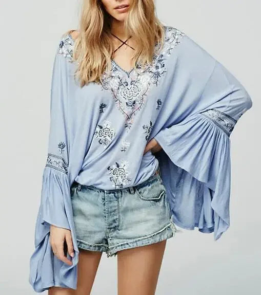 Floral Embroidered Flare Sleeve V-Neck Casual Boho Blouse