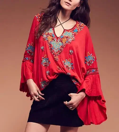 Floral Embroidered Flare Sleeve V-Neck Casual Boho Blouse Red / S bohoblouse-250126