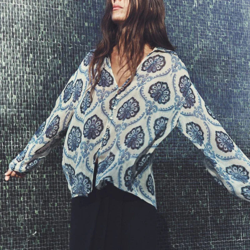 Blue Floral Printed Long Sleeve V-Neck Boho Blouse