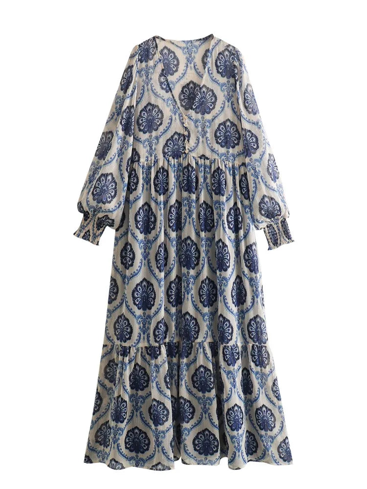 Blue Floral Printed Long Sleeve V-Neck Boho Blouse