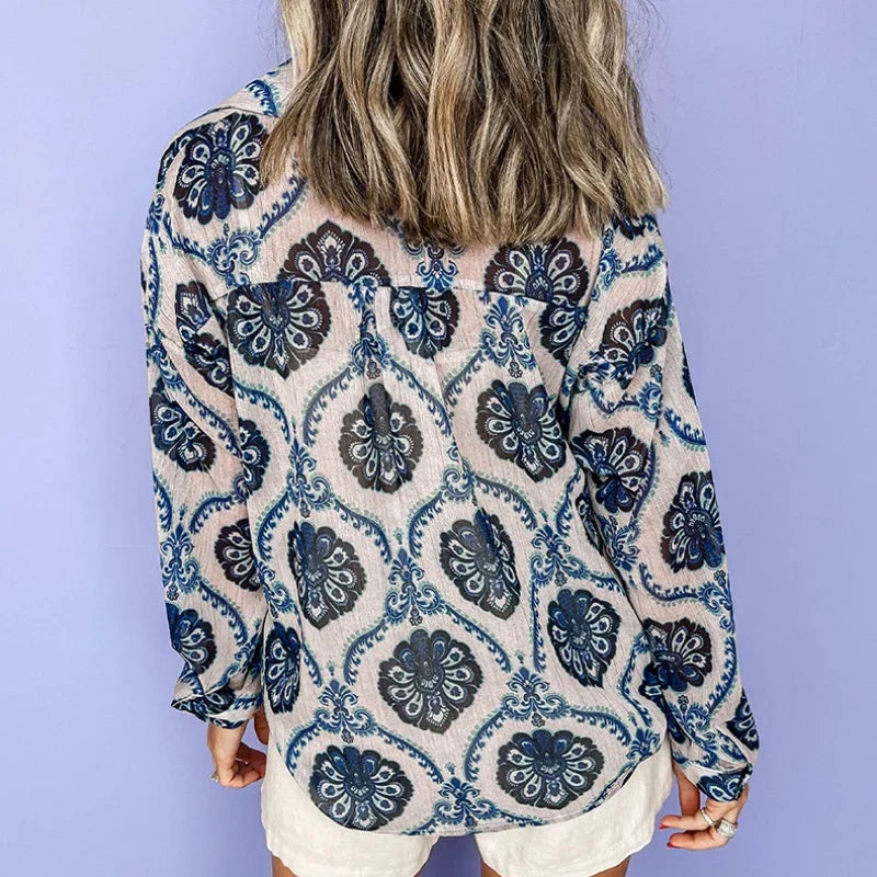 Blue Floral Printed Long Sleeve V-Neck Boho Blouse
