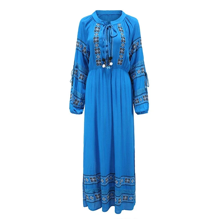 Embroidered V-Neck Long Sleeve Maxi Dress
