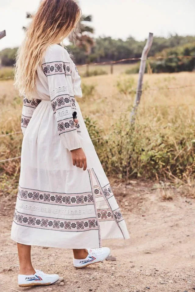 Embroidered V-Neck Long Sleeve Maxi Dress