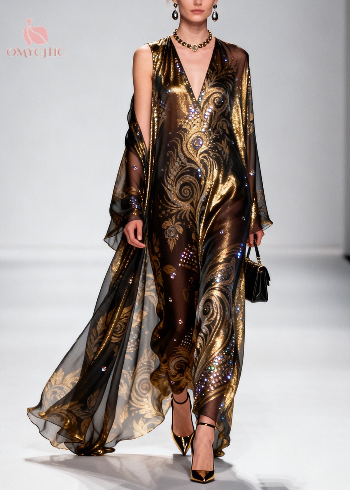 Mesh Baroque Paisley Sequin Deep V-Neck Sleeveless Sheer Set
