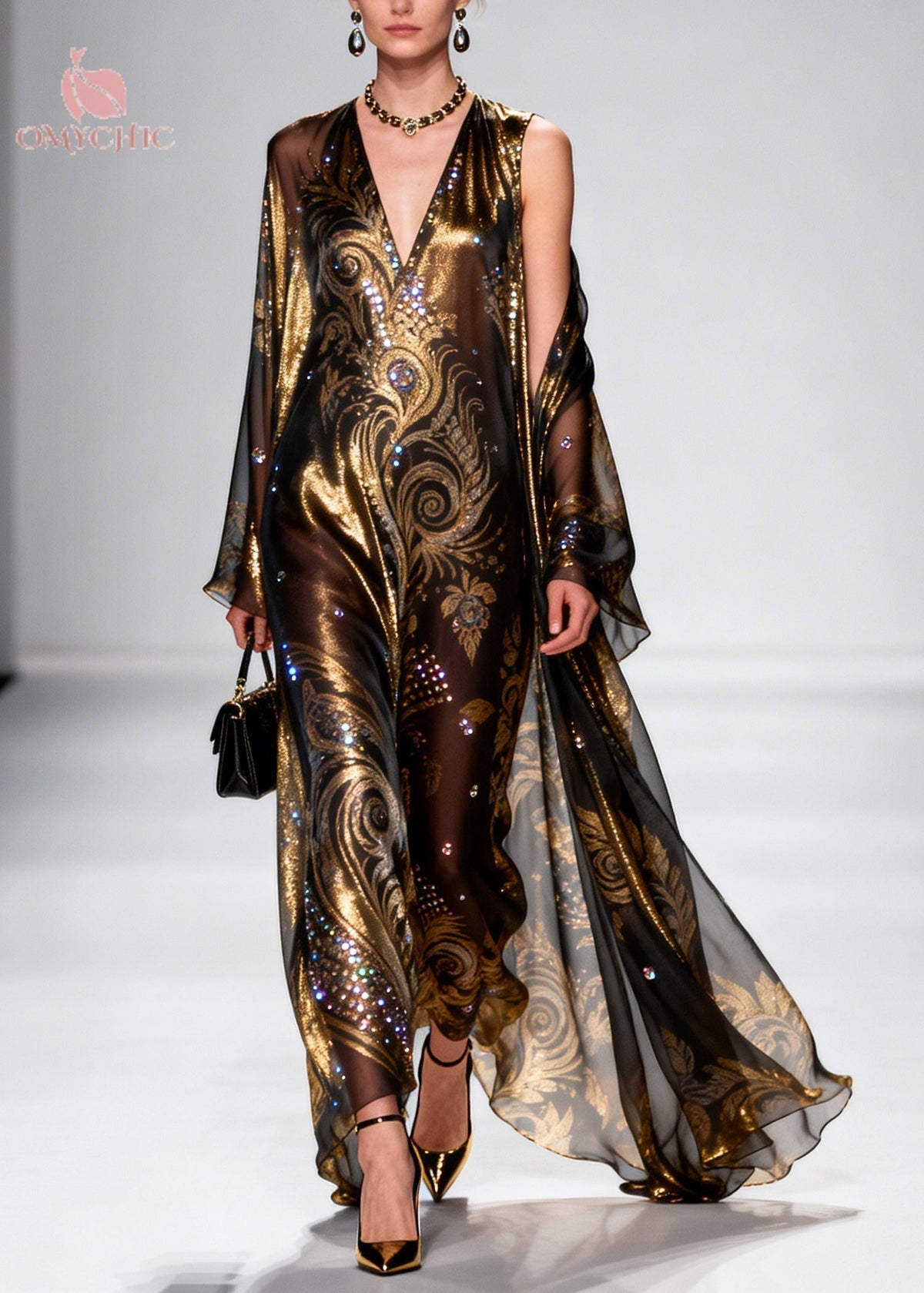 Mesh Baroque Paisley Sequin Deep V-Neck Sleeveless Sheer Set - View 3