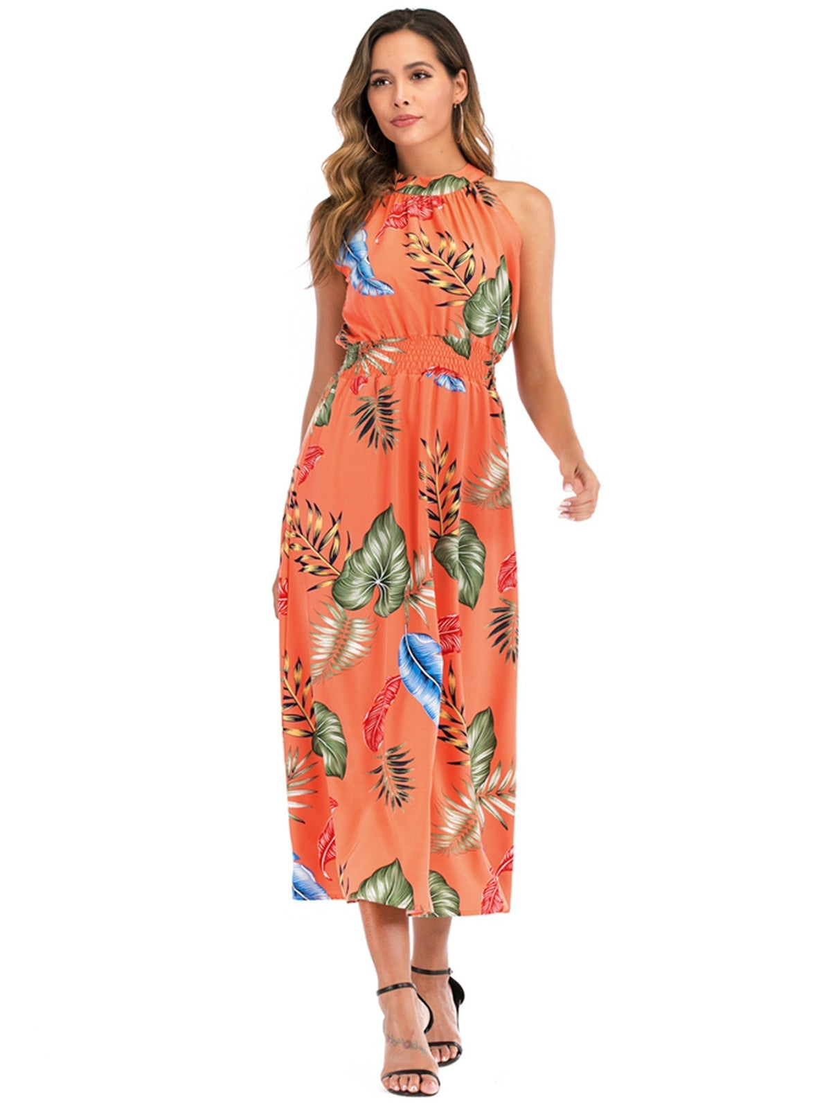 Tropical Print Halter Neck Sleeveless Midi Dress