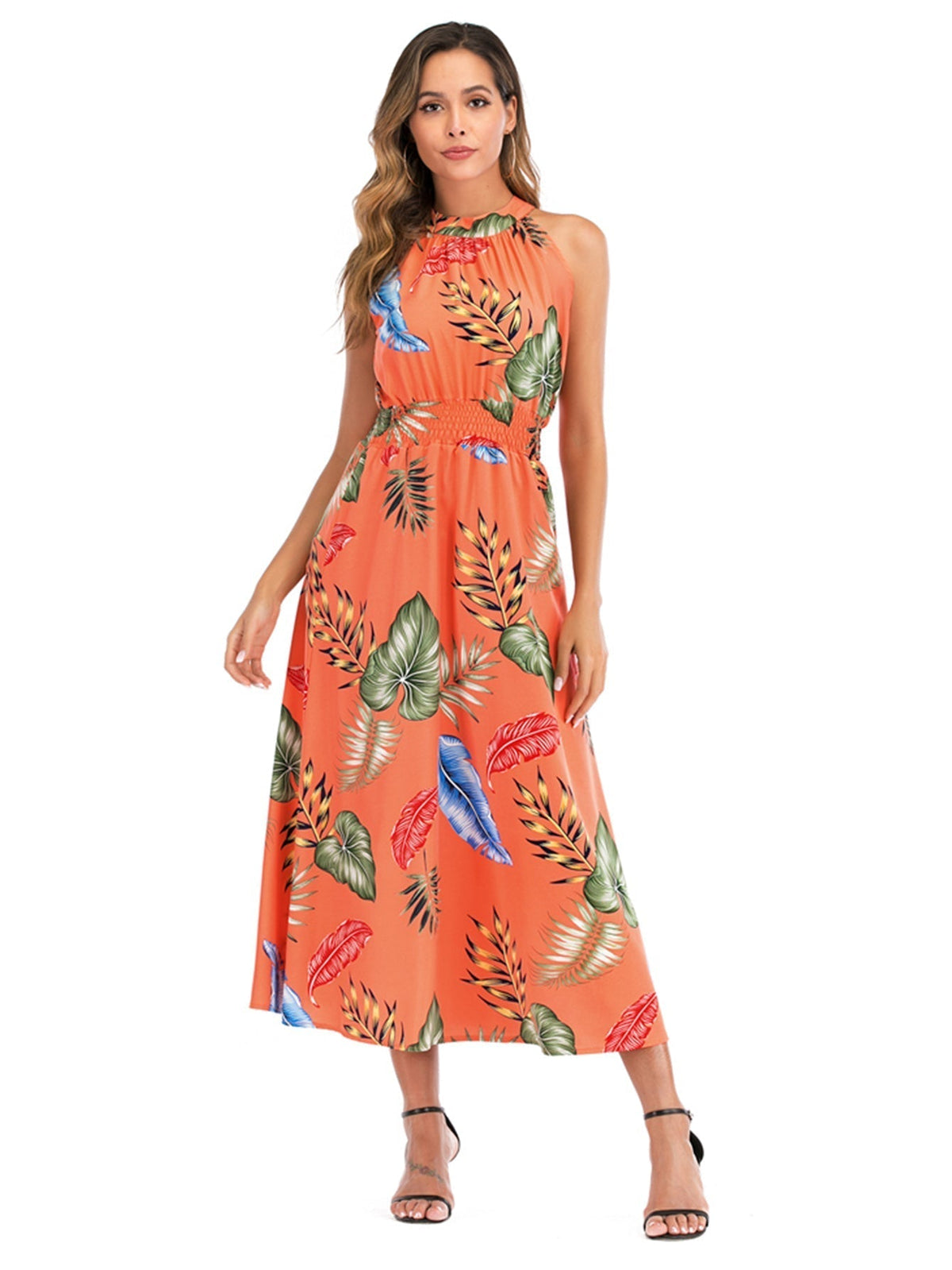 Tropical Print Halter Neck Sleeveless Smocked Midi Dress