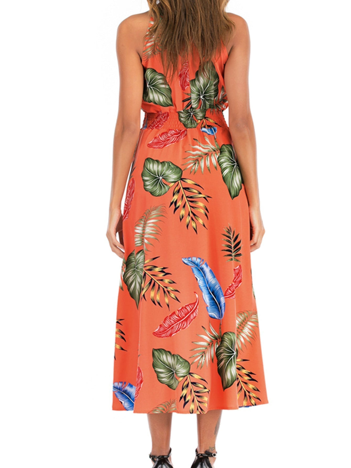 Tropical Print Halter Neck Sleeveless Midi Dress