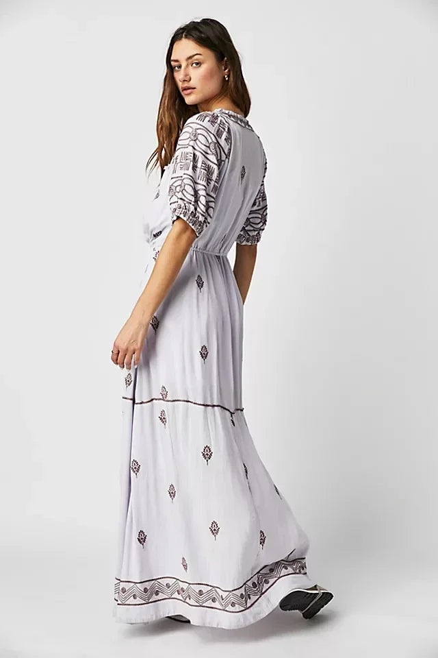 Embroidered V-Neck Puff Sleeve Tiered Maxi Dress