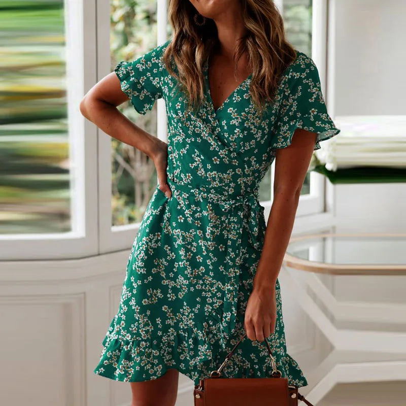 Sexy Floral Print V-neck Chiffon Mini Floral Dress