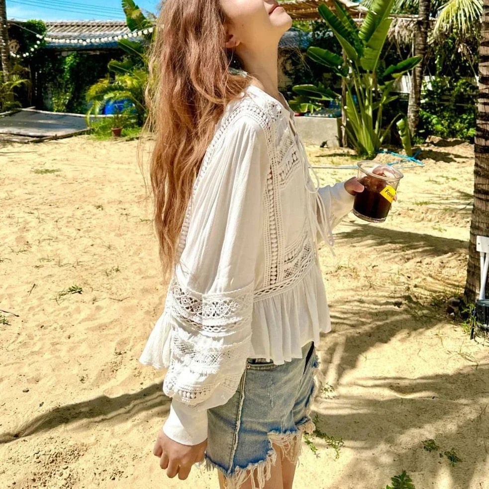 Hollow Out Lace Ethnic Long Sleeve Ruffles Boho Blouse