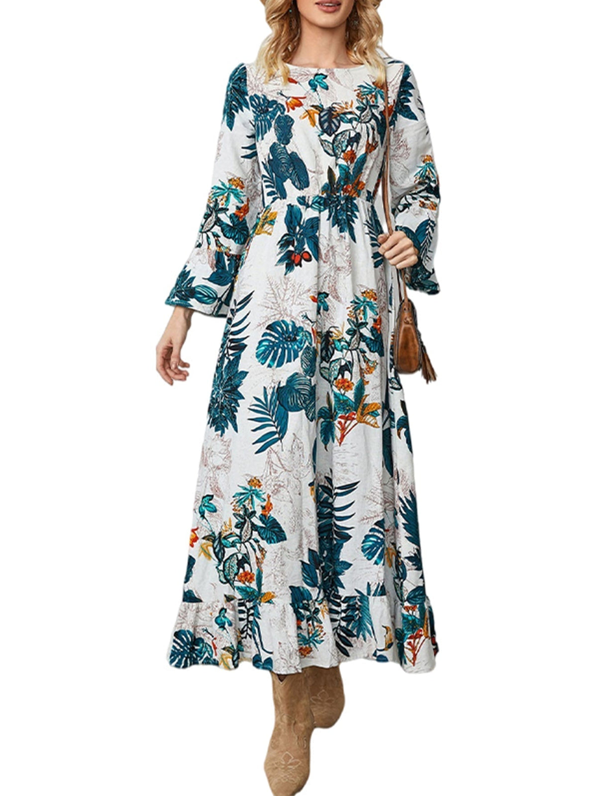 Floral Print Flare Sleeve Tiered Maxi Dress