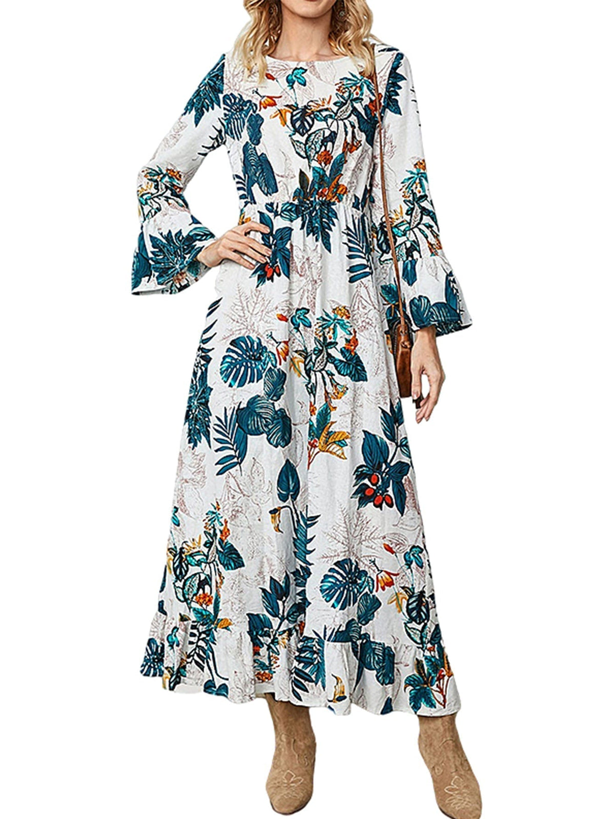 Floral Print Flare Sleeve Tiered Maxi Dress