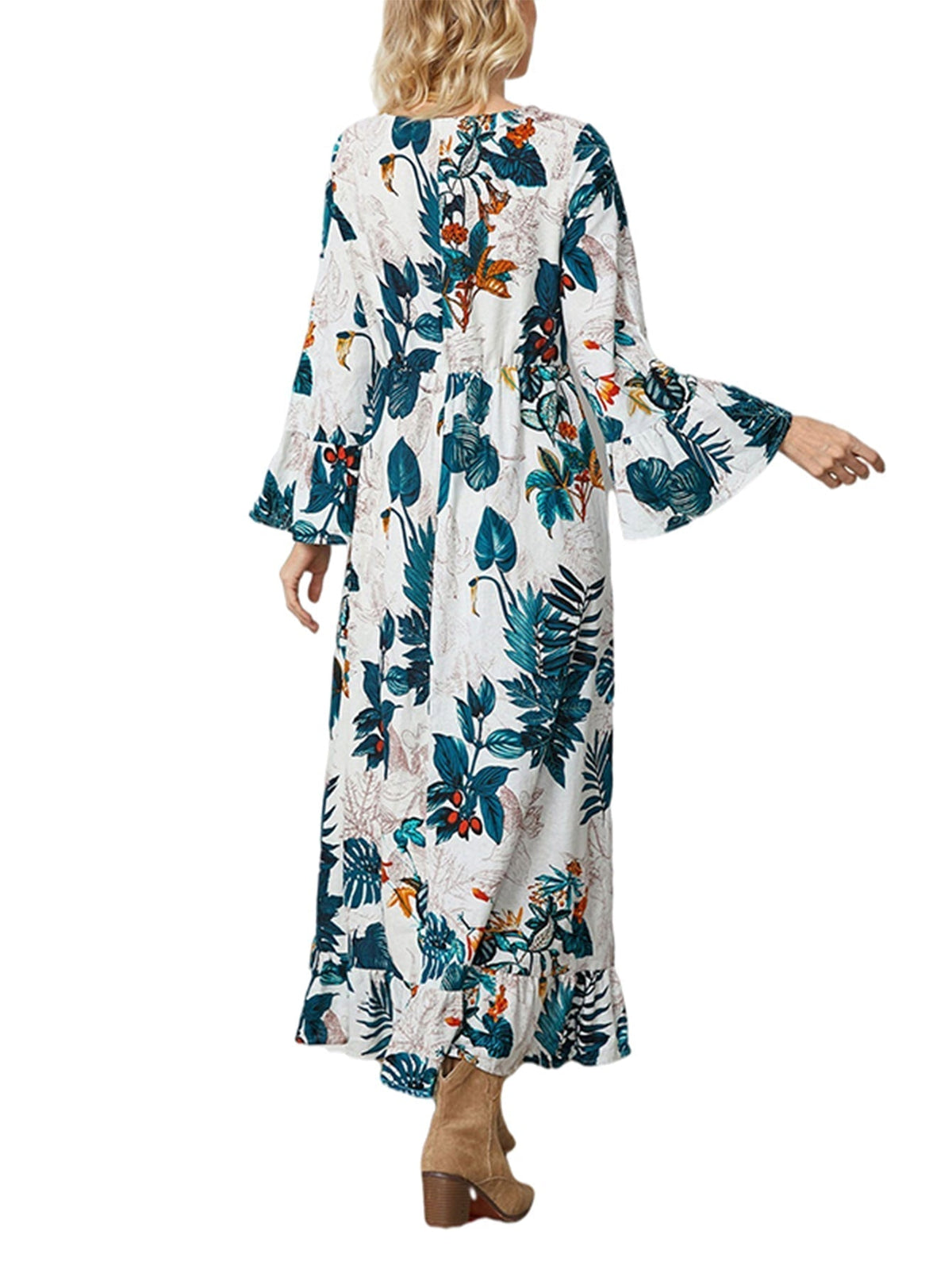 Floral Print Flare Sleeve Tiered Maxi Dress