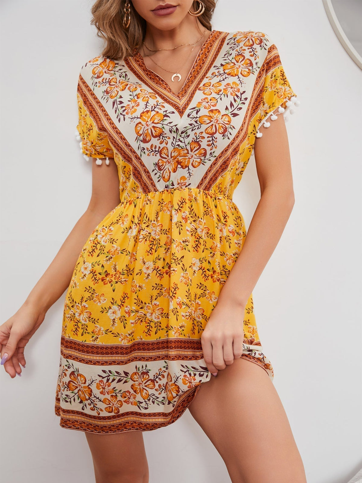 KittenAlarm - Boho Print Elastic Waist Dress with Pompom Decor