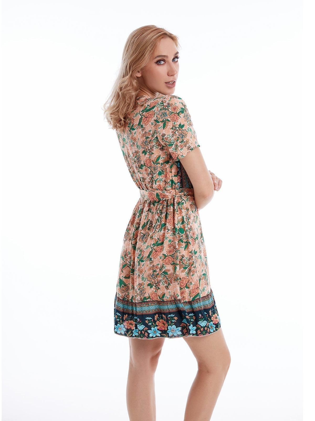 Floral Print V-Neck Short Sleeve Wrap Mini Dress