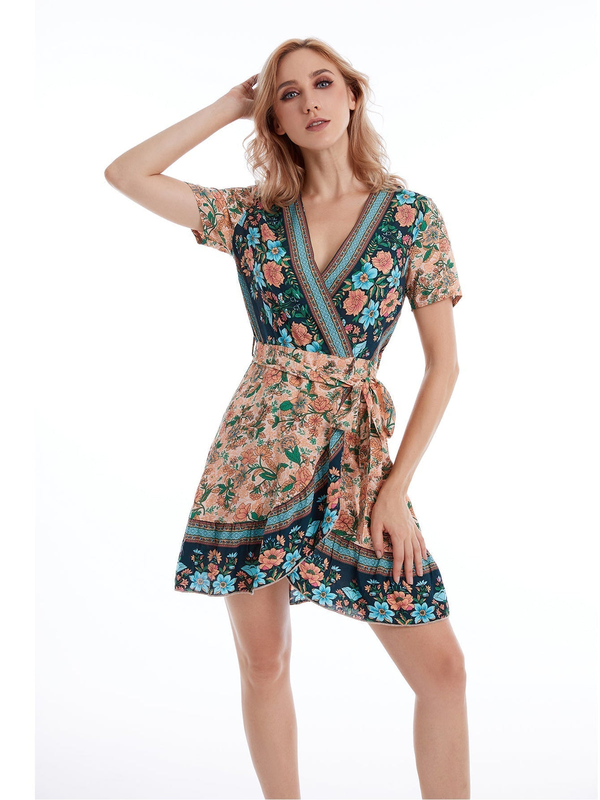 Floral Print V-Neck Short Sleeve Wrap Mini Dress