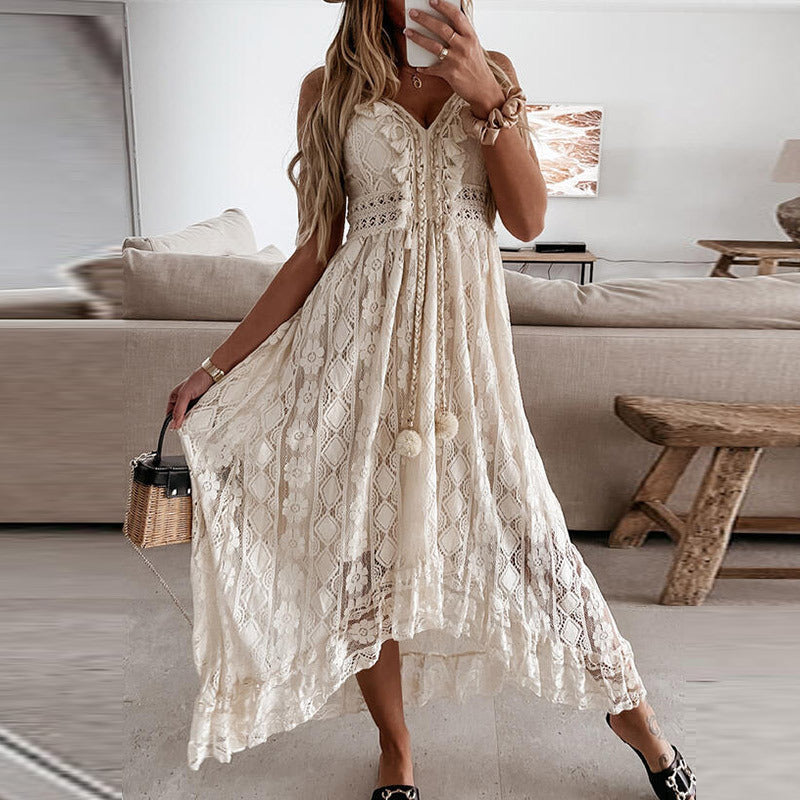 Lace Crochet Deep V-Neck Pom Pom Tie Tiered Maxi Dress - View 4