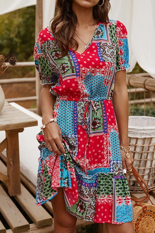 Boho V-neck Printed Summer Dress - Mislish