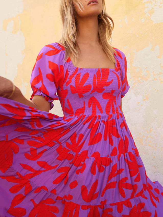 Puff Sleeve Square Neck Printed Midi Dress - Fashionpara