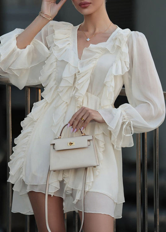 V-Neck Long Sleeve Ruffle Tie Cuff Chiffon Mini Dress 3