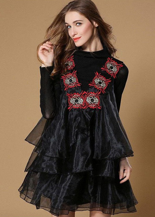 Organza Ruffle Overlay Mock Neck Long Sleeve Mini Dress - View 3