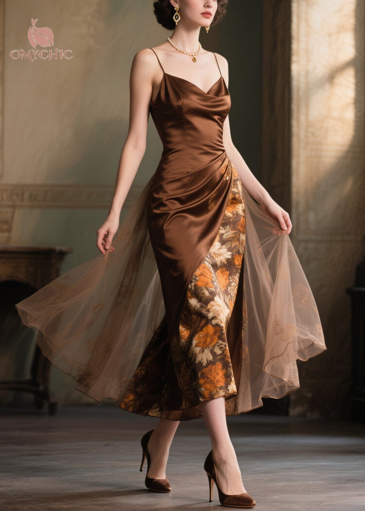 Cowl Neck Spaghetti Strap Asymmetric Floral Panel Wrap Midi Dress