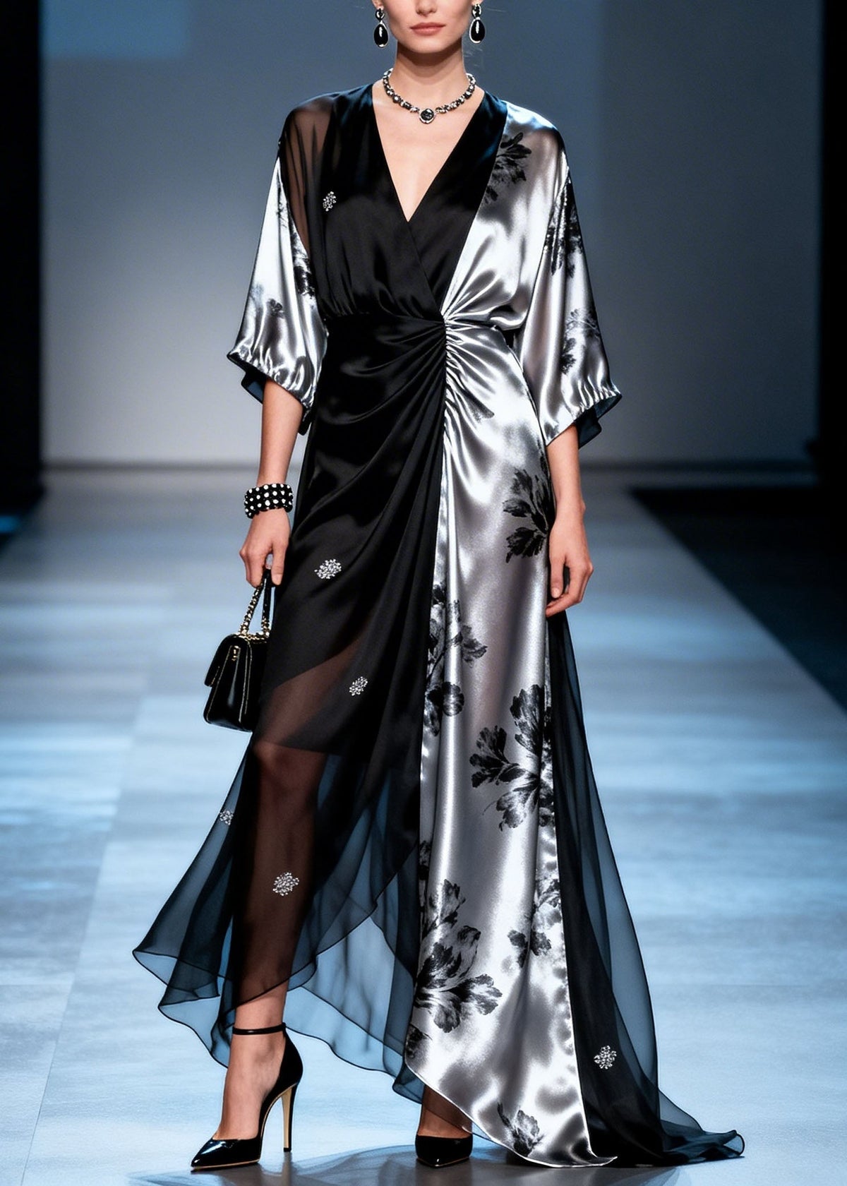 Floral Print Deep V-Neck Wrap Sleeve Ruched Waist Maxi Gown