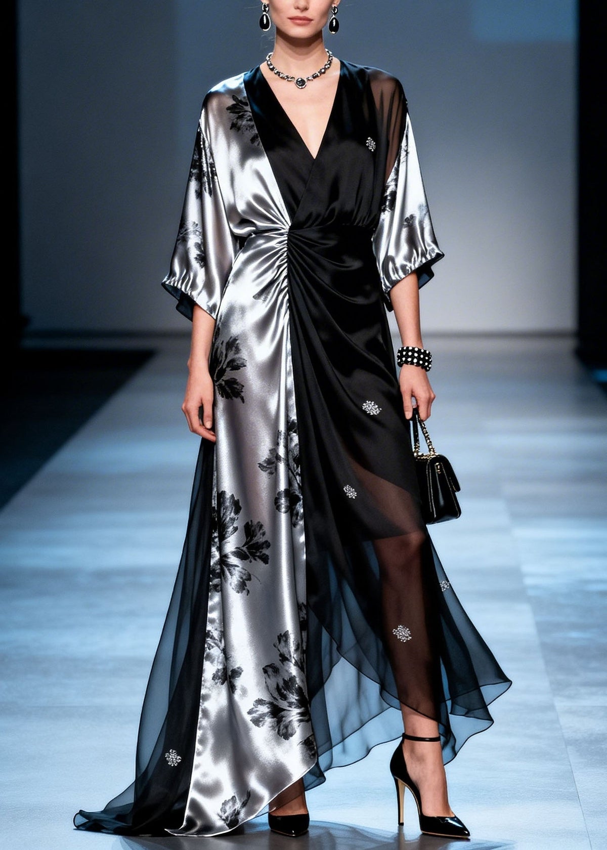 Floral Print Deep V-Neck Wrap Sleeve Ruched Waist Maxi Gown - View 3
