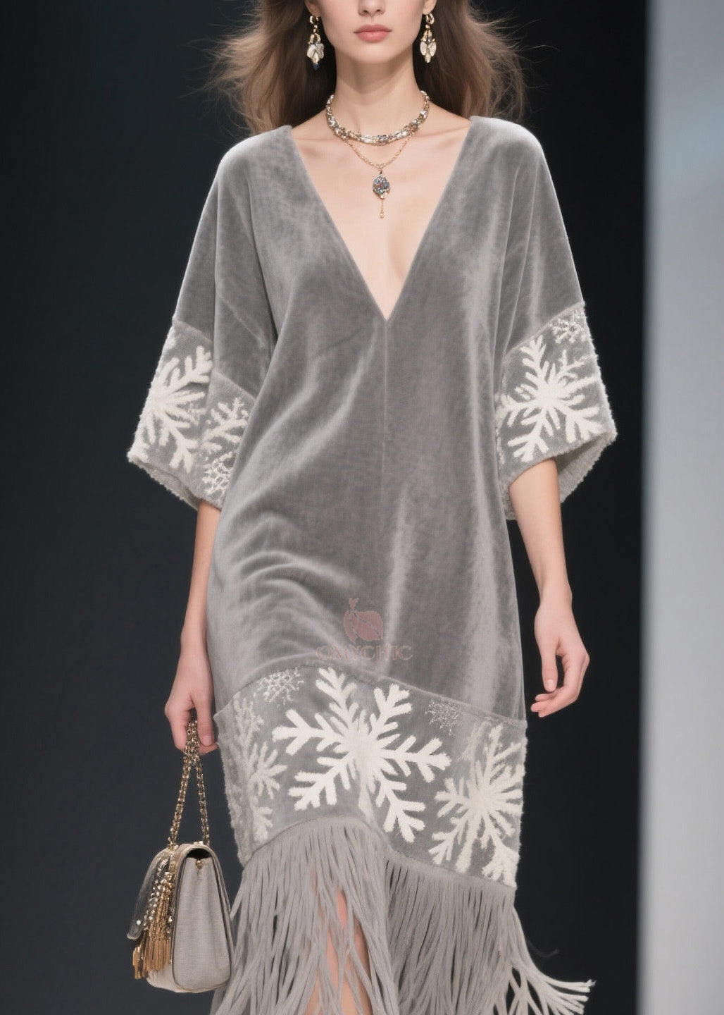 Velvet Deep V-Neck Snowflake Embroidery Wide Sleeve Midi Dress - View 2