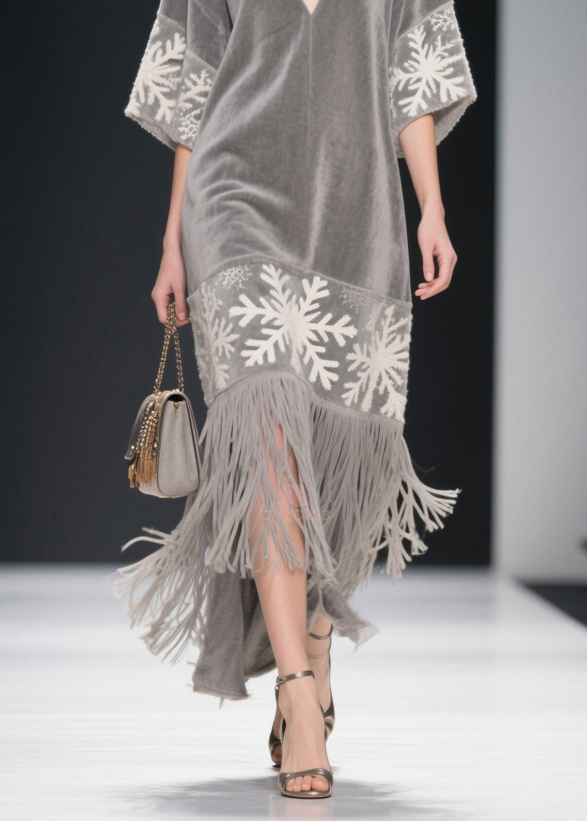 Velvet Deep V-Neck Snowflake Embroidery Wide Sleeve Midi Dress - View 4
